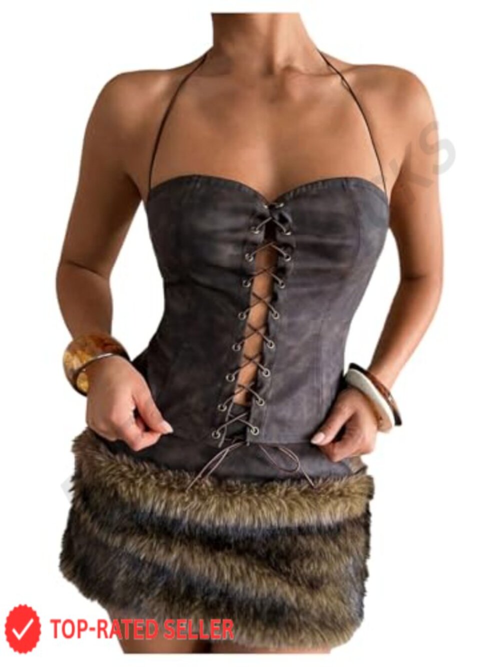 Leather Lace Up Halter Corset Top Slim Fit Sleeveless Party Date Night